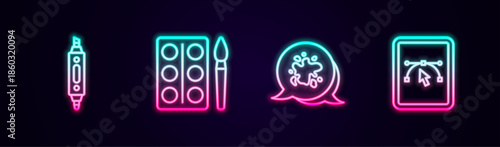 Set line Marker pen, Watercolor paints in box, Paint spray and Computer with design program. Glowing neon icon. Vector