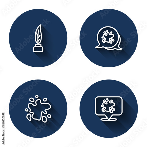 Set line Feather and inkwell, Paint spray, and with long shadow. Blue circle button. Vector