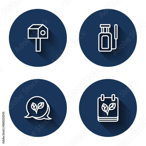 Set line Bird house, Garden sprayer for water, Leaf and Calendar with autumn leaves with long shadow. Blue circle button. Vector