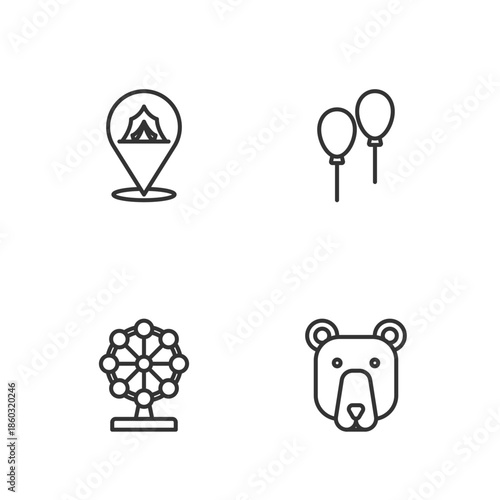 Set line Bear head, Ferris wheel, Circus tent and Balloons with ribbon icon. Vector