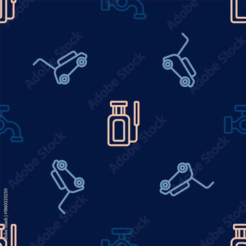 Set line Water tap, Lawn mower and Garden sprayer for water on seamless pattern. Vector
