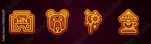 Set line Casino win, Bear head, Balloons with ribbon and Attraction carousel. Glowing neon icon. Vector