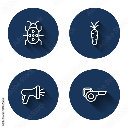 Set line Colorado beetle, Carrot, Garden hose and Leaf garden blower with long shadow. Blue circle button. Vector