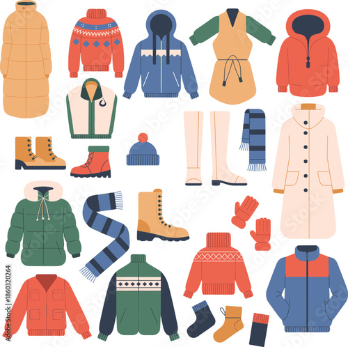 Winter clothing, coats, sweaters, boots, scarves, gloves, socks, hats, seasonal fashion, warm wear, wardrobe essentials, vector illustration