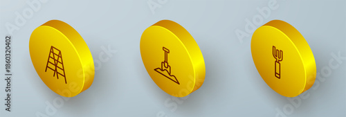 Set Isometric line Wooden staircase, Shovel and Garden pitchfork icon. Vector