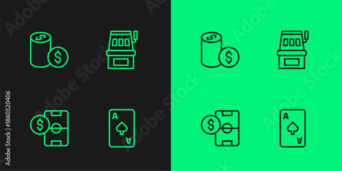 Set line Playing card with spades symbol, Football betting money, Casino chip dollar and Slot machine icon. Vector