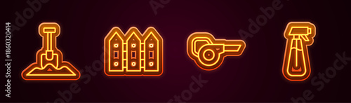 Set line Shovel, Garden fence wooden, Leaf garden blower and sprayer for water. Glowing neon icon. Vector