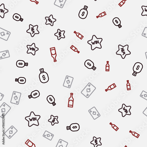 Set line Money bag, Casino win, Playing card with spades symbol and Bottle of wine on seamless pattern. Vector