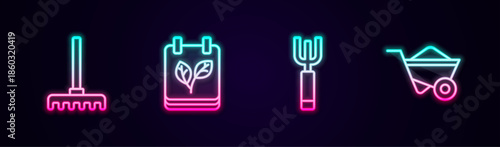 Set line Garden rake, Calendar with autumn leaves, pitchfork and Wheelbarrow. Glowing neon icon. Vector