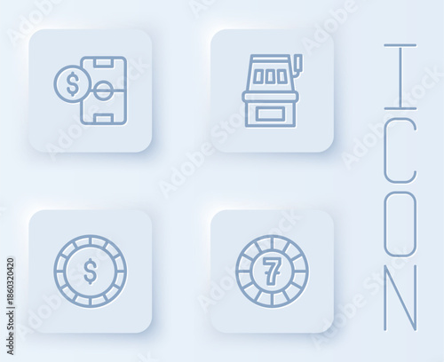 Set line Football betting money, Slot machine, Casino chip with dollar and chips. White square button. Vector