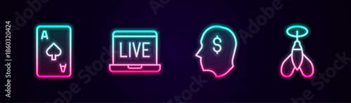 Set line Playing card with spades symbol, Online poker table game, Lucky player and Dart arrow. Glowing neon icon. Vector