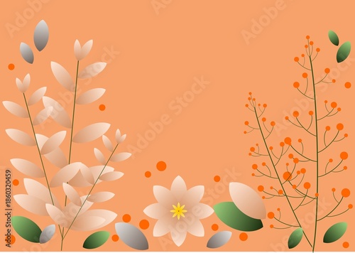  Peach orange floral background with white flowers and decorative leaves. Perfect for spring, autumn and nature themed designs.