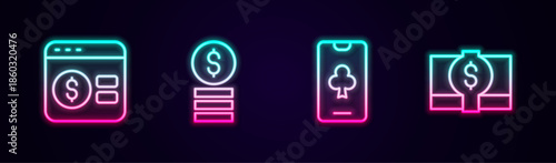 Set line Online poker table game, Casino chip with dollar, and Stacks paper money cash. Glowing neon icon. Vector