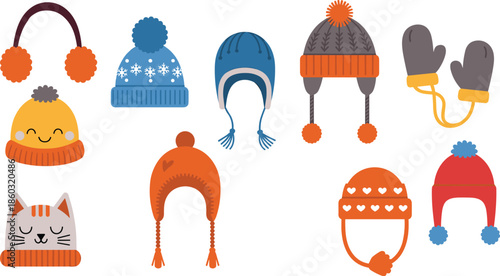 Winter hats, earmuffs, mittens, pom-poms, ear flaps, cozy accessories, seasonal fashion, warm wear, cute designs, vector illustration