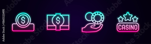 Set line Coin money with dollar, Stacks paper cash, Hand holding casino chips and Casino signboard. Glowing neon icon. Vector