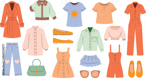 Women’s fashion wardrobe set, stylish clothing and accessory illustration, trendy outfit elements, seasonal apparel design pack, modern garment collection, vector flat lay