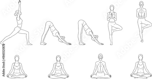Yoga pose line drawing set, standing and seated postures, warrior tree meditation, flexibility balance, wellness illustration, fitness sketch, mindfulness concept