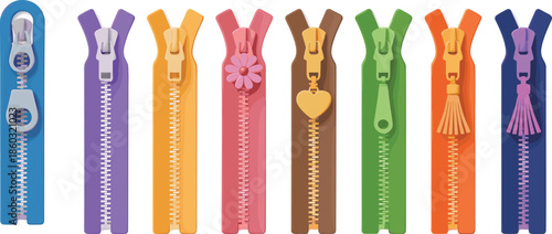 zipper pull styles, garment fasteners, textile hardware, sewing supplies, zipper collection, crafting tools, zipper types, colorful fashion, zipper design, zipper variety, 