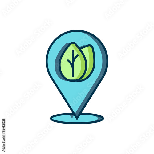 Filled outline Location pin with leaf inside icon isolated on white background. Leaves sign. Fresh natural product symbol. Flat filled outline style with shadow. Vector