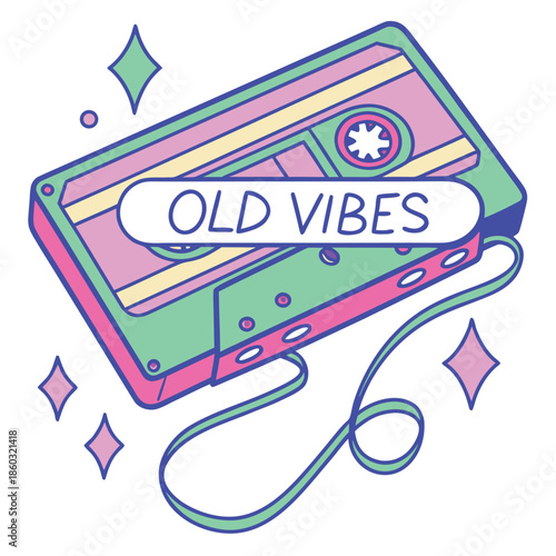 Retro vintage audio cassette tape with unraveling magnetic ribbon text old vibes design element for nostalgia and music