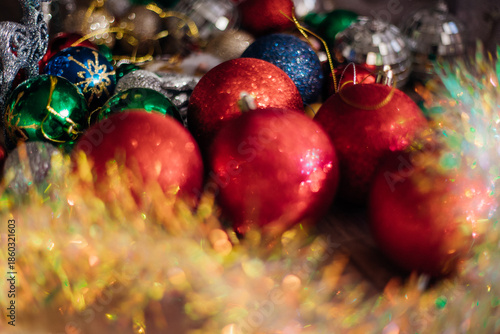 Photos of Christmas decorations: bright balls, glitter and garlands that create a festive atmosphere.