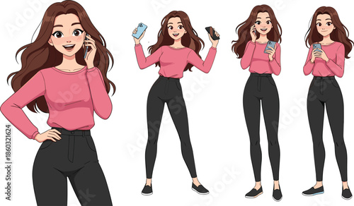 Cute cartoon girl illustration showing smartphone usage poses, texting calling social media communication concept isolated white background vector character design