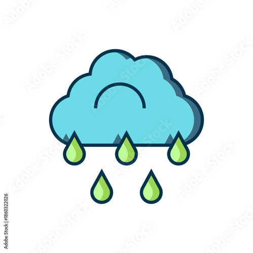 Filled outline Cloud with rain icon isolated on white background. Rain cloud precipitation with rain drops. Flat filled outline style with shadow. Vector