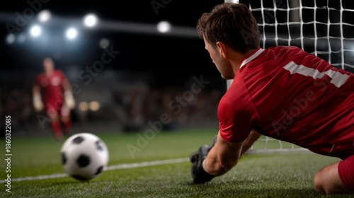 Goalkeeper diving to save penalty kick soccer stadium sports photo nighttime close-up action scene