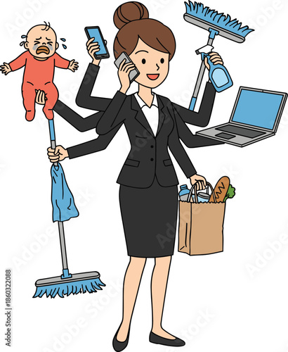 Multitasking working mother illustration managing baby, cleaning, shopping, phone calls, laptop work, busy mom lifestyle concept vector design