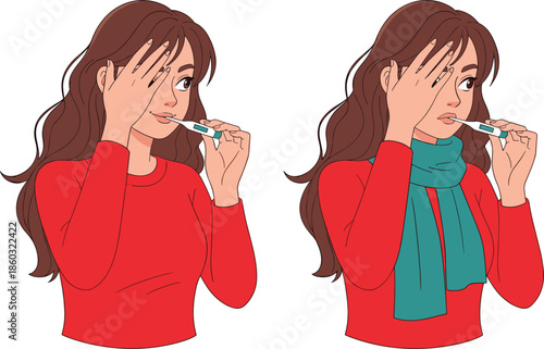 Sick woman checking body temperature with thermometer, flu symptoms, illness concept, cold season healthcare illustration, fever detection medical vector