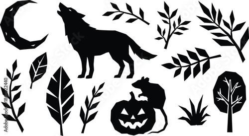 Wolf, Moon, and Rat Silhouette Vector Set on White Background 