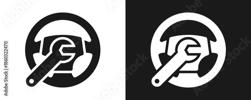 Steering Wheel Icon Set Glyph In White And Black Background