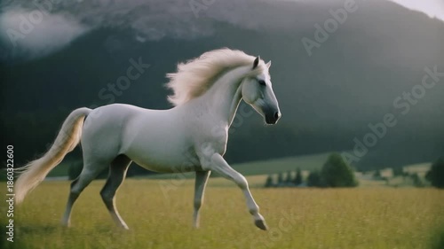 Lipica Horse A Majestic White Stallion Galloping Through a Verdant Meadow