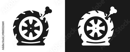 Punctured Tire Icon Set Glyph In White And Black Background