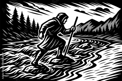 A solitary hooded person wading through a river, using a staff for balance amidst a rugged natural landscape
