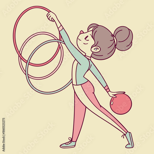 Rhythmic gymnast with hoops and ball in motion