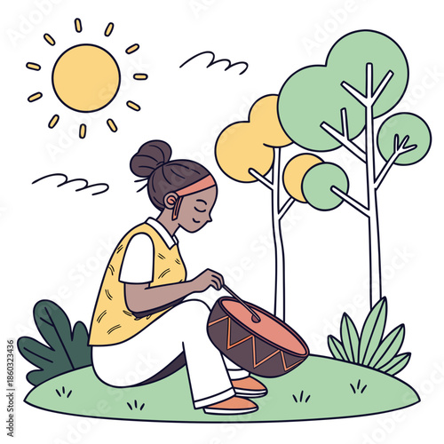 Girl plays drum under the sun near trees