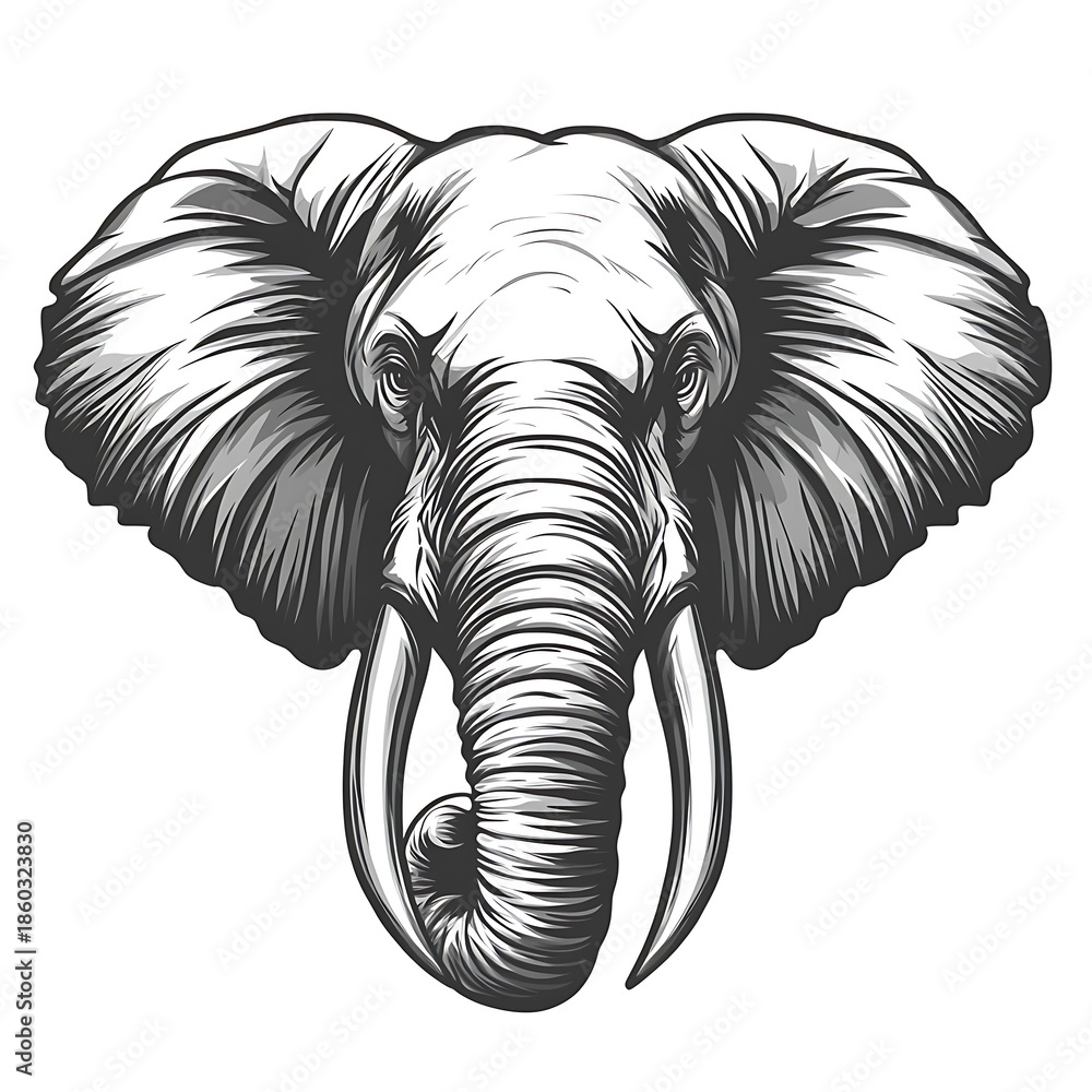 Obraz premium Monochrome illustration of an elephant head with detailed trunk and tusks photo black and white
