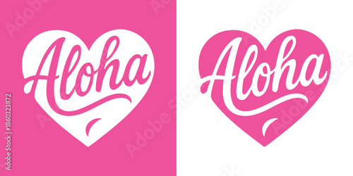 Logo vacaciones en Hawái. Mensaje con palabra hawaiana Aloha en silueta de corazón 