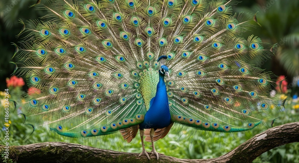 Obraz premium Majestic peacock displaying vibrant colorful feathers in garden