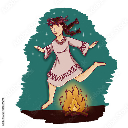 Young woman jumping over ritual fire during Ivan Kupala celebration, Slavic midsummer tradition illustration.