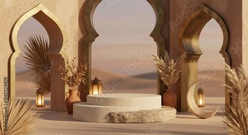 Cylindrical podium for product display with mosque arch decoration and dry plants