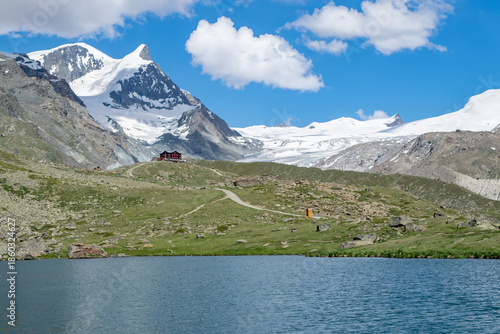 Stellisee, view at Fluhalp in the swiss mountains