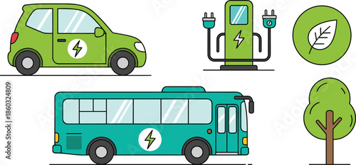 Electric vehicle and eco transport illustration showing green car electric bus charging station renewable energy symbols sustainable mobility vector design isolated
