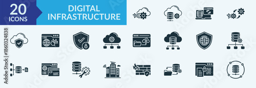 Digital infrastructure - Icon Collection. Thin Solid Glyph Set contains such Icons as database, cloud storage, network monitoring, data synchronization and more. Simple web icons set