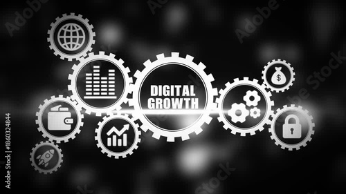Digital Growth Concept with Gears and on Black Background business growth technology