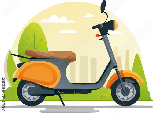 Modern electric scooter parked in urban city background for eco-friendly mobility concepts. Generative AI