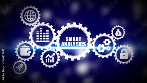Smart Analytics Concept with Gears and on Dark Blue Background data analysis business intelligence
