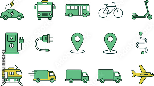 Green eco transportation icons set showing electric car bus bicycle scooter charging station delivery truck map pin sustainable mobility vector illustration