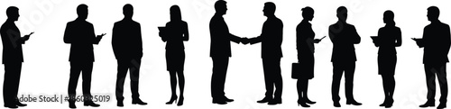 Business professionals silhouette, corporate interaction, black and white, formal attire, mobile device, handshake gesture, document holding, team communication, office scene, workplace diversity